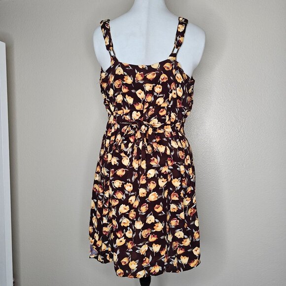Past Life The Collective L XL Brown Yellow Mini Dress Floral Sun Dress Soft Girl - Picture 3 of 5